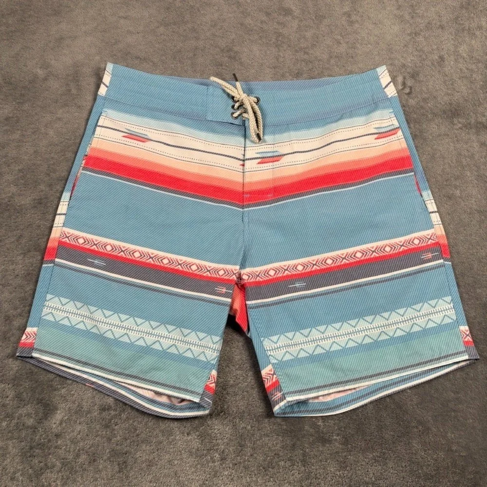Faherty Board Shorts Mens 32 Blue Aztec Striped Swim Trunks Beach Surf Quick Dry